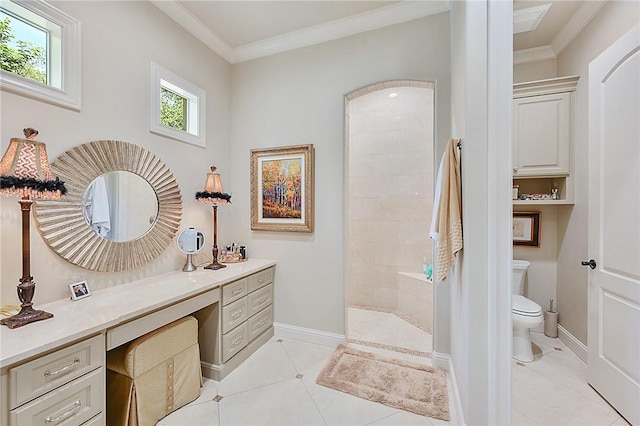 5205 Bourrone Ct, Bryan, TX 77802 - bathroom with toilet, walk in shower, crown molding, vanity, and tile patterned floors