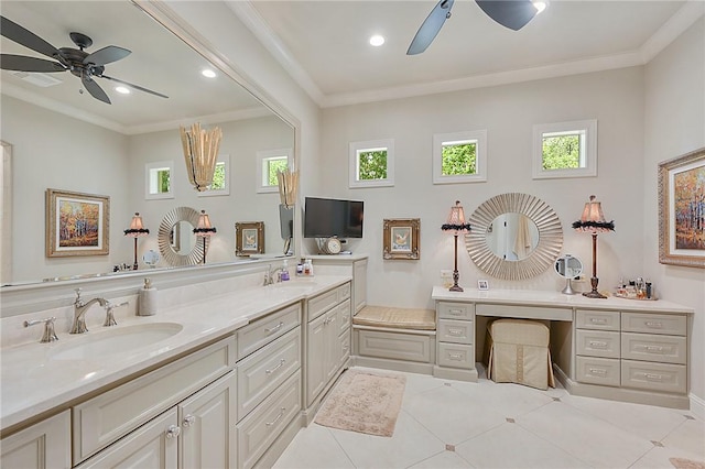 5205 Bourrone Ct, Bryan, TX 77802 - full bath featuring a ceiling fan, double vanity, plenty of natural light, ornamental molding, and tile patterned floors