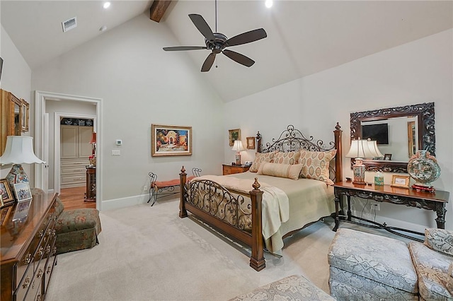 5205 Bourrone Ct, Bryan, TX 77802 - bedroom with high vaulted ceiling, beam ceiling, baseboards, light carpet, and a ceiling fan