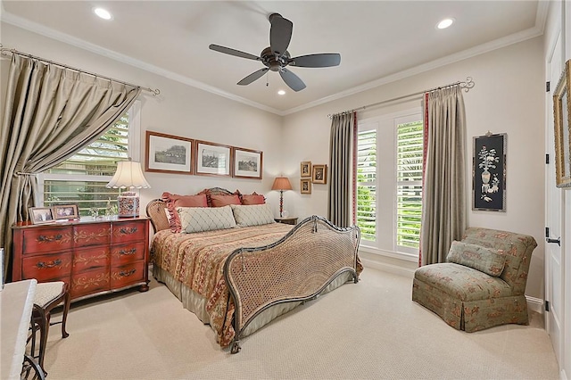 5205 Bourrone Ct, Bryan, TX 77802 - carpeted bedroom featuring recessed lighting, a ceiling fan, and ornamental molding