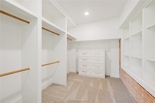 walk in closet with light carpet