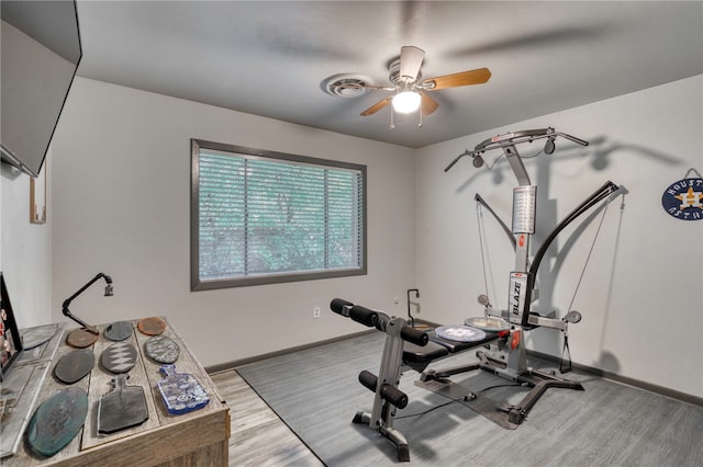 workout area featuring ceiling fan and light wood-type flooring