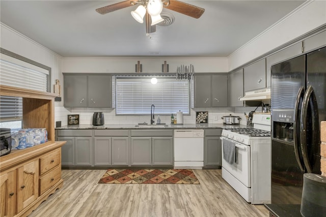 kitchen featuring sink, white appliances, gray cabinets, ornamental molding, and light hardwood / wood-style floors