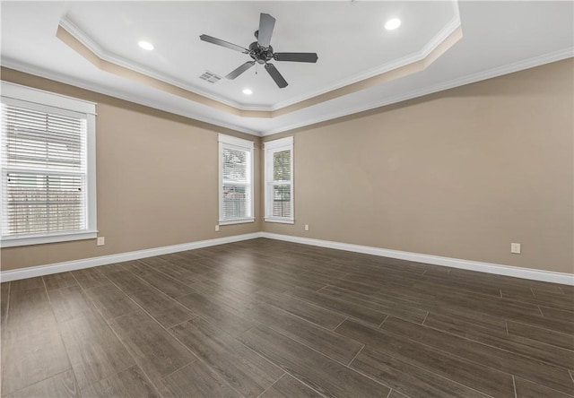 unfurnished room featuring dark hardwood / wood-style floors, a raised ceiling, and a wealth of natural light