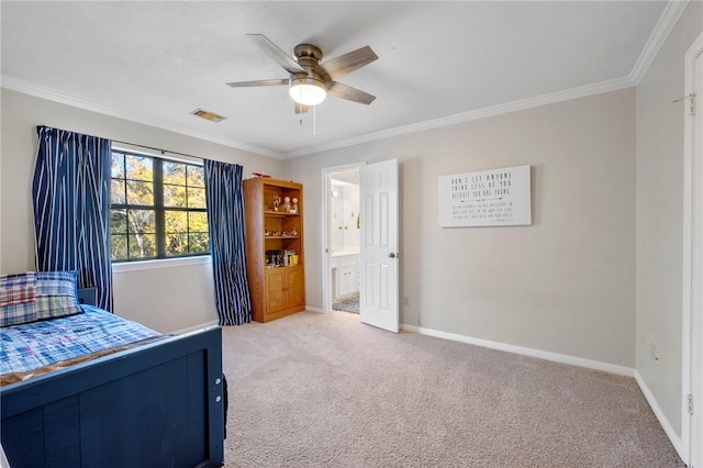 carpeted bedroom featuring connected bathroom, ceiling fan, and ornamental molding