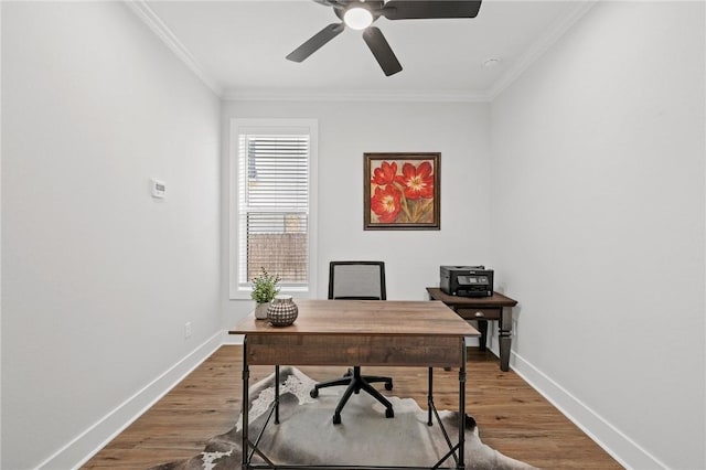 3518 Parmer Creek Ct, College Station, TX 77845 - office space featuring ornamental molding, wood finished floors, and a ceiling fan