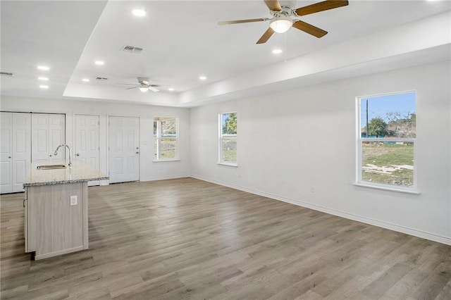 unfurnished room featuring a raised ceiling, visible vents, a sink, and light wood finished floors