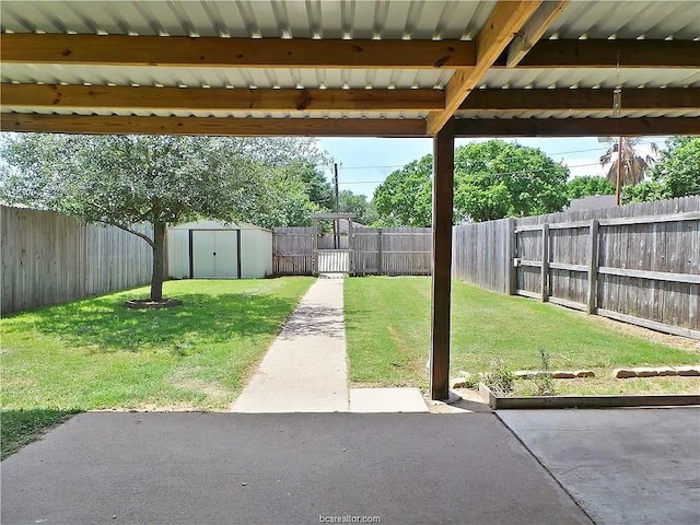 view of yard with a patio area and a storage shed