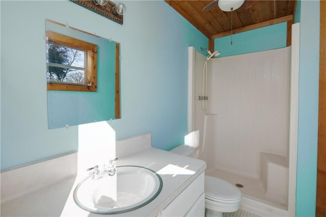 full bathroom featuring wooden ceiling, toilet, a shower stall, and vanity