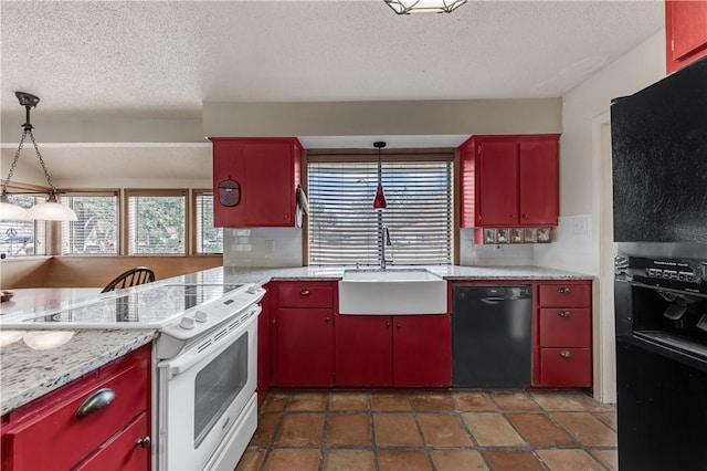 kitchen with black dishwasher, electric range, red cabinetry, light countertops, and a sink