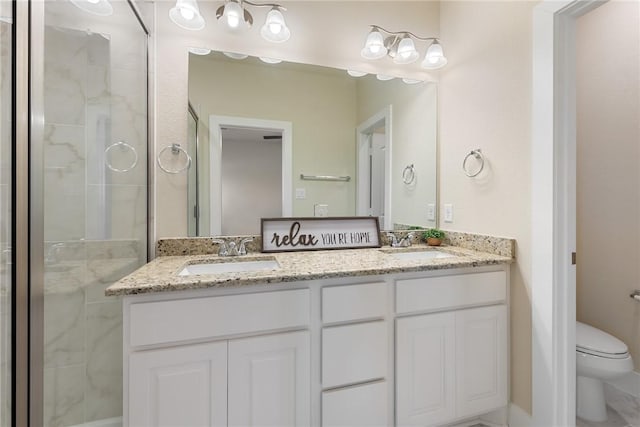 bathroom with vanity, toilet, and a shower with shower door