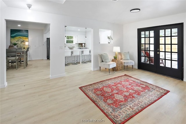 living area featuring a wealth of natural light, french doors, and light wood-type flooring