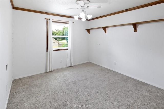 spare room featuring light carpet, ceiling fan, and crown molding