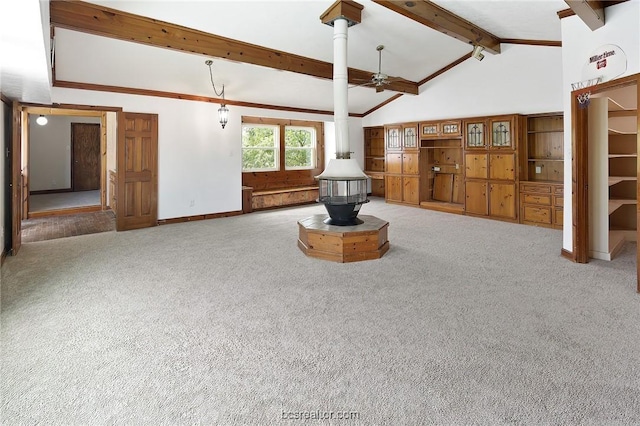 unfurnished living room with light carpet, beam ceiling, high vaulted ceiling, and ceiling fan