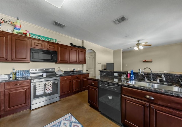 kitchen featuring sink, a textured ceiling, dark stone countertops, ceiling fan, and black appliances