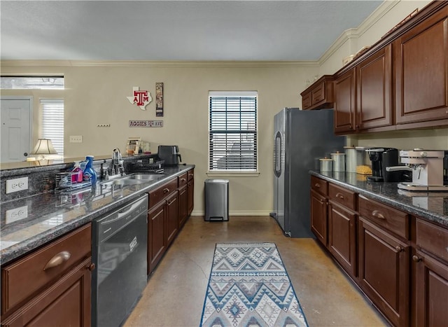 kitchen featuring sink, crown molding, stainless steel refrigerator, dishwasher, and dark stone countertops