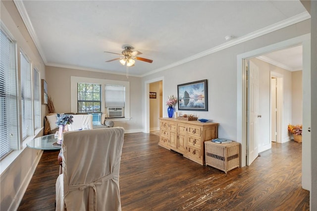 dining space with ceiling fan, cooling unit, dark wood-type flooring, and ornamental molding