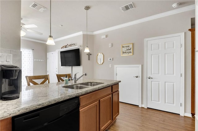 1198 Jones Butler Rd Unit 3103, College Station, TX 77840 - kitchen with black dishwasher, a sink, ornamental molding, ceiling fan, and light wood finished floors