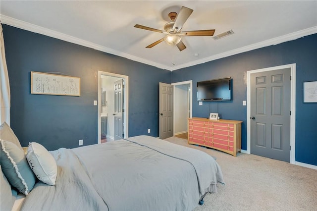 1905 Kingsgate Dr, Bryan, TX 77807 - carpeted bedroom featuring baseboards, crown molding, a ceiling fan, and ensuite bathroom