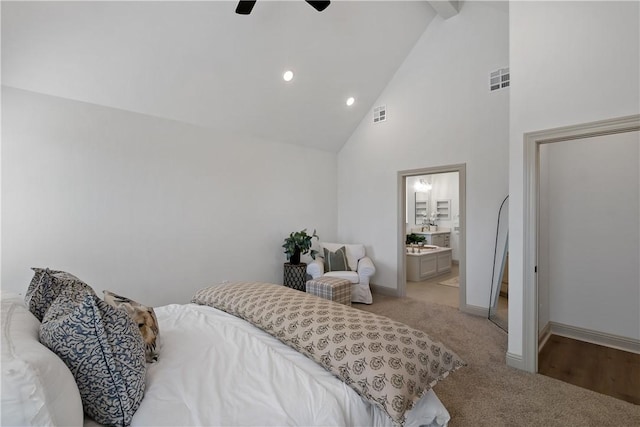 bedroom featuring beam ceiling, visible vents, light carpet, and high vaulted ceiling