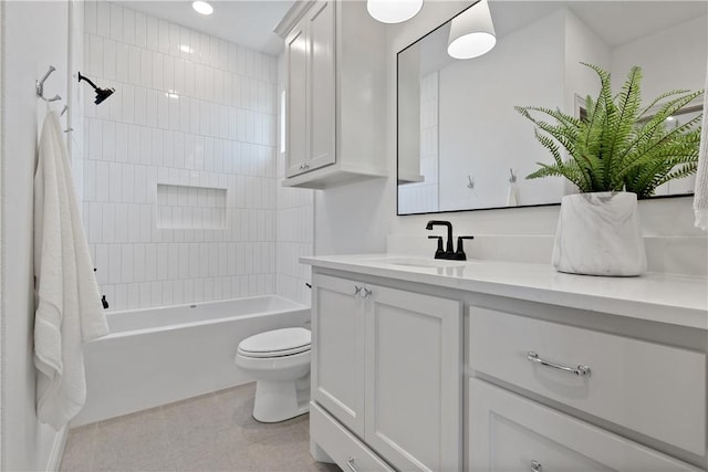 full bath with recessed lighting, toilet, shower / tub combination, tile patterned floors, and vanity