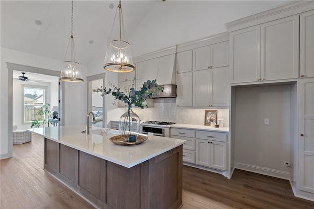 kitchen with an island with sink, tasteful backsplash, light countertops, and wood finished floors