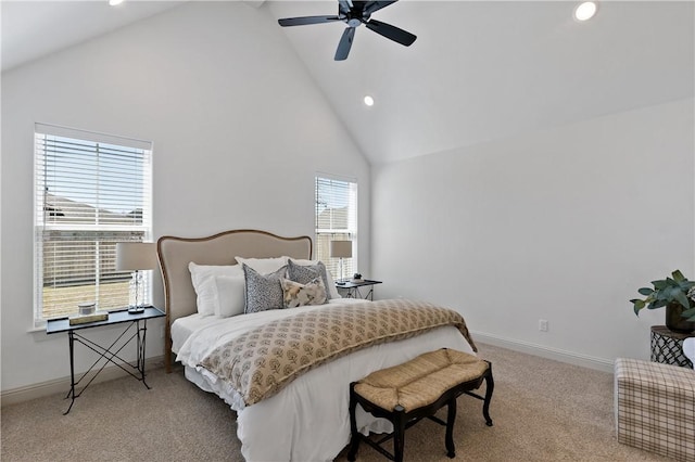 carpeted bedroom with high vaulted ceiling, baseboards, a ceiling fan, and recessed lighting