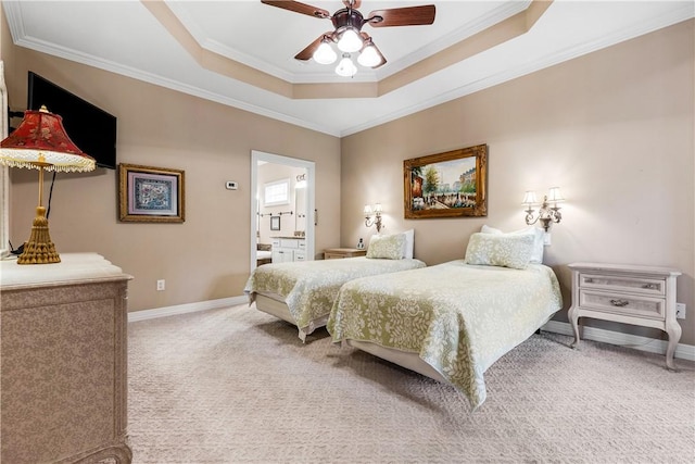 bedroom with ceiling fan, crown molding, carpet floors, and ensuite bathroom