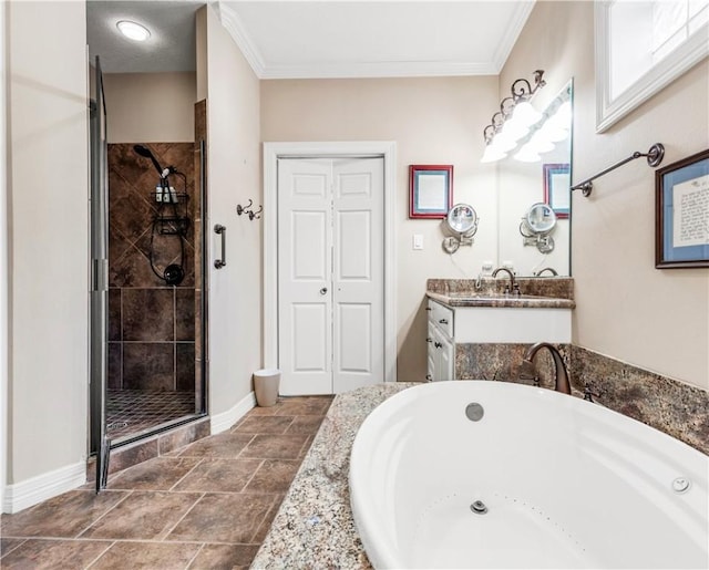 bathroom with vanity, crown molding, and plus walk in shower