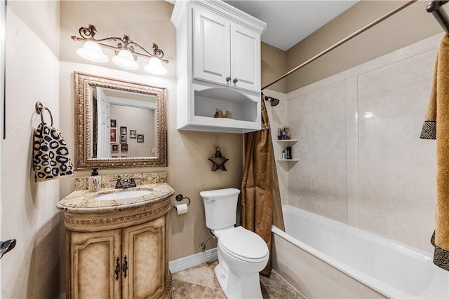 full bathroom with shower / bath combo, toilet, and vanity