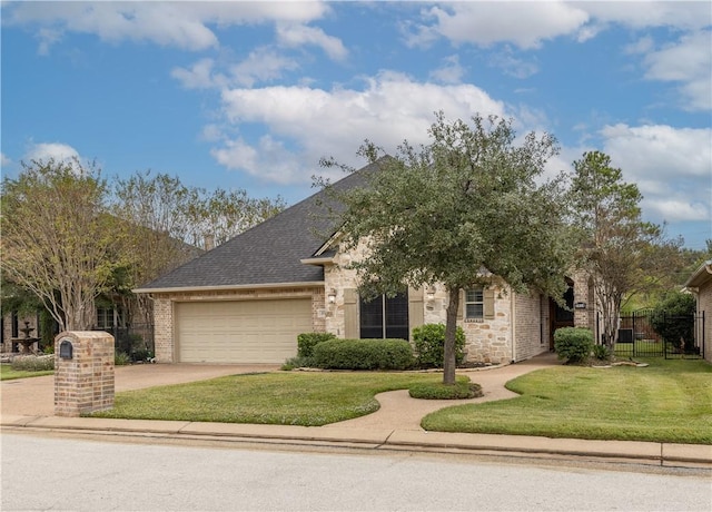 view of front of home with a garage and a front lawn