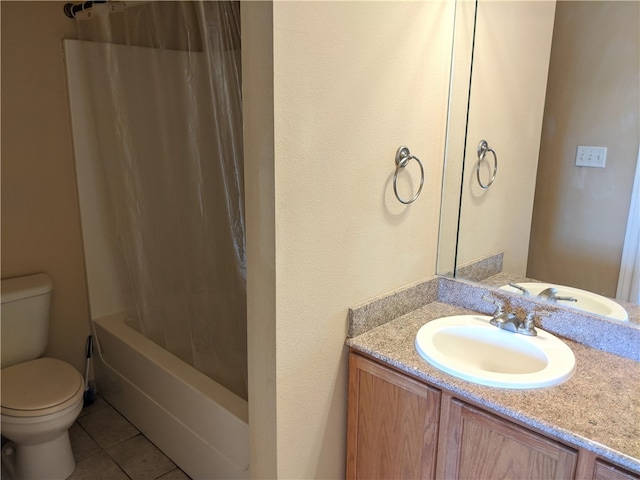 full bathroom with toilet, vanity, tile patterned flooring, and shower / tub combo with curtain