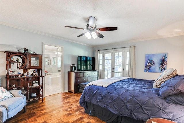 601 E Collard St, Madisonville, TX 77864 - bedroom with french doors, wood finished floors, access to exterior, crown molding, and a ceiling fan