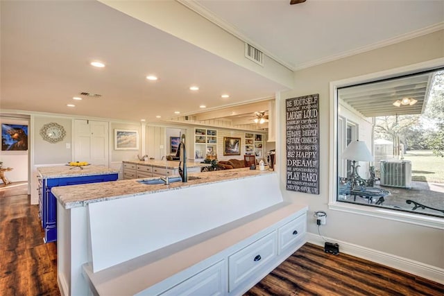 601 E Collard St, Madisonville, TX 77864 - kitchen featuring a sink, ornamental molding, dark wood-style floors, a kitchen island, and light stone countertops