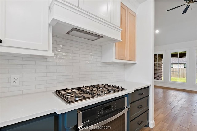 kitchen with ceiling fan, stainless steel appliances, light hardwood / wood-style flooring, backsplash, and custom exhaust hood