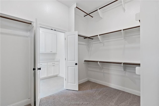 walk in closet featuring light colored carpet