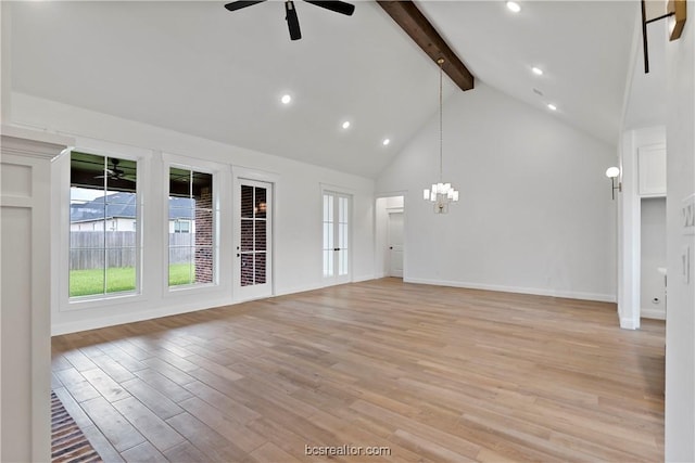 unfurnished living room with beamed ceiling, high vaulted ceiling, ceiling fan with notable chandelier, and light wood-type flooring