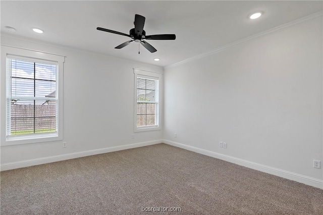 carpeted empty room featuring ceiling fan and ornamental molding