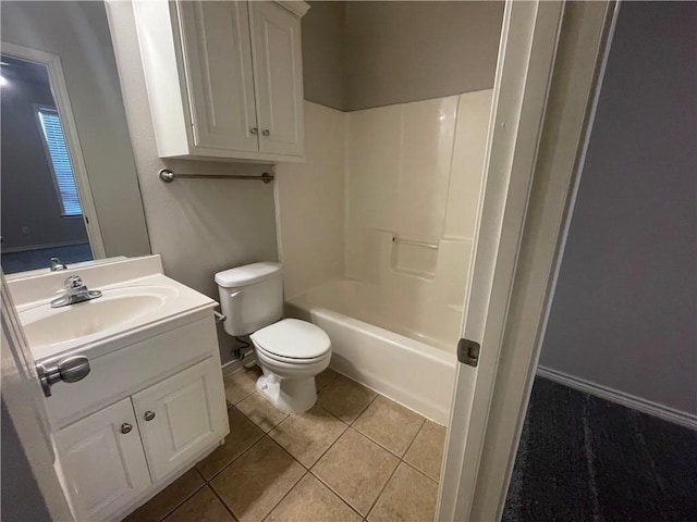 bathroom with vanity,  shower combination, baseboards, toilet, and tile patterned flooring