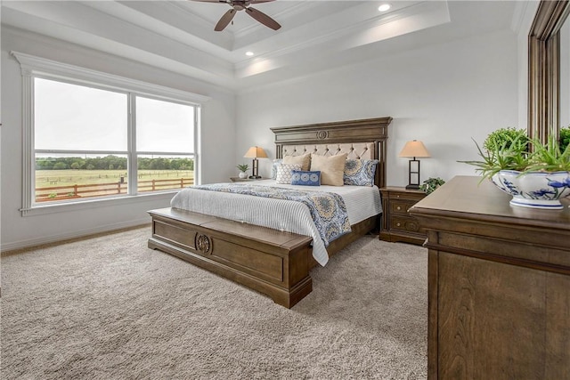 2181 Fm 166, Caldwell, TX 77836 - bedroom with a raised ceiling, carpet flooring, crown molding, ceiling fan, and recessed lighting