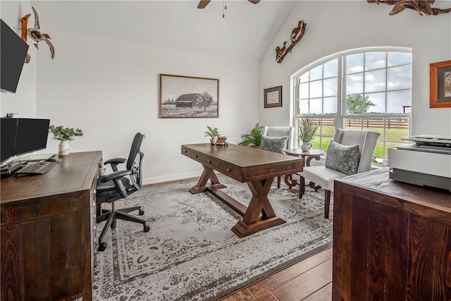 2181 Fm 166, Caldwell, TX 77836 - office with ceiling fan, baseboards, wood finished floors, and high vaulted ceiling