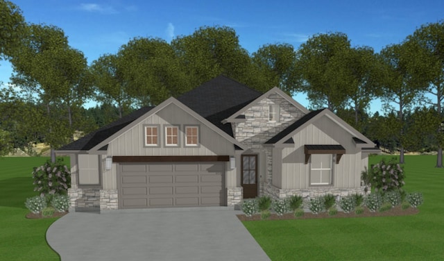 3577 Chantilly Path, Bryan, TX 77808 - view of front of property featuring stone siding, driveway, a front lawn, and board and batten siding