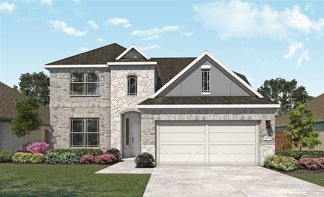 view of front of home with roof with shingles, an attached garage, stone siding, driveway, and a front lawn