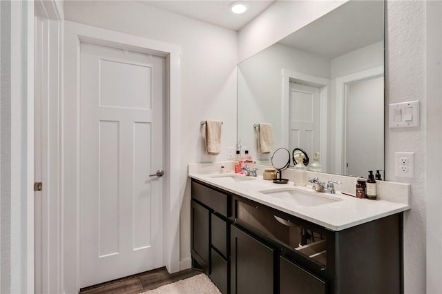 bathroom with wood-type flooring and vanity