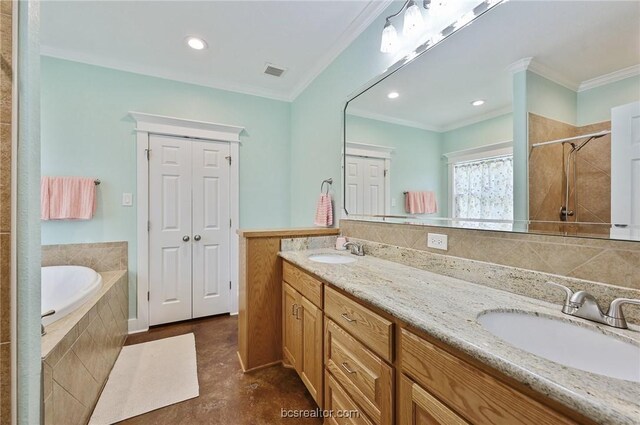 bathroom featuring plus walk in shower, vanity, concrete flooring, and crown molding