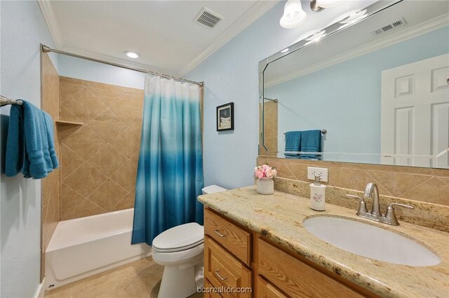 full bathroom featuring vanity, tasteful backsplash, shower / bathtub combination with curtain, and ornamental molding