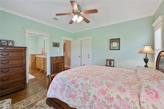 bedroom with ensuite bath, ceiling fan, and ornamental molding