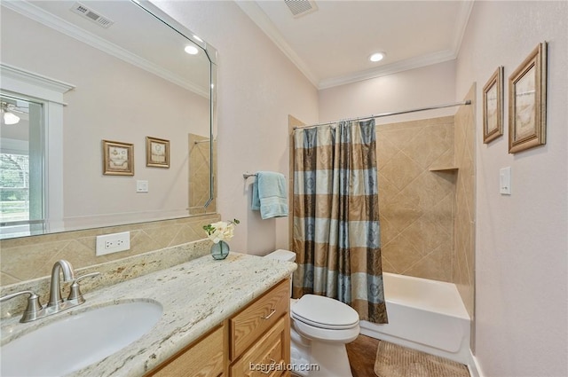 full bathroom with shower / tub combo, backsplash, ornamental molding, vanity, and toilet