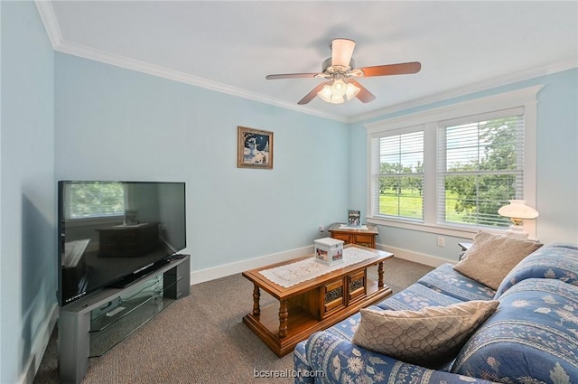 carpeted living room with ceiling fan and ornamental molding