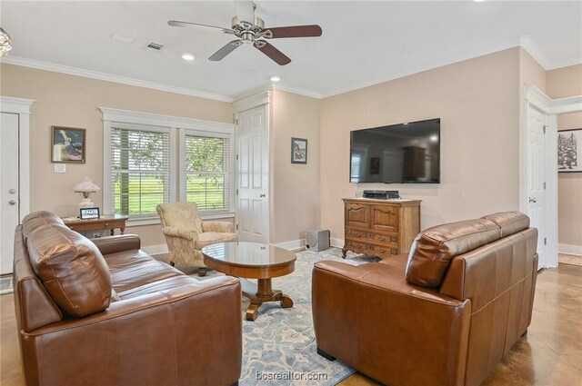 living room with crown molding and ceiling fan